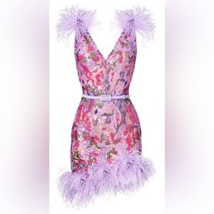 NADINE MERABI Isla Feather-Trimmed Lavender Sequin Dress (belt not included)